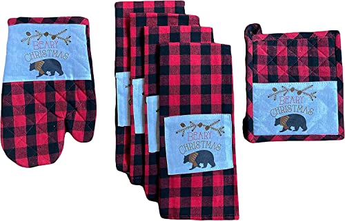 Set of 6, 100% Cotton, Holiday Season Farmhouse Kitchen Towel Sets Sentiment Beary Christmas Includes 4 Kitchen Towels, Pot Holder & Oven mitt.