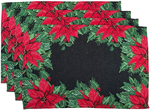 Set of 4, Christmas Tapestry Placemats with Decorative Poinsettia Flowers for Holiday Season, Home Decoration Kitchen Dining Table, Perfect for Party or Gifts. Easy to Clean Size: 13" x 19".