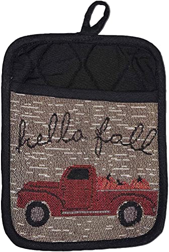 Set of 10, Red Truck with Pumpkin Fall Design Sentiment Hello Fall Tapestry Kitchen Towel Set, Include 4 Placemats, 2 Kitchen Towels, 2 Pot Holder & 2 Oven mitt.