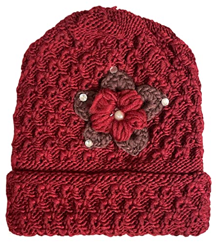 2 Pcs, Women Wool Knitted Crochet Insulated Beanie Hat with Flower for Winter Cold Weather Protection. (Mauve and Burgundy)