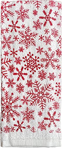 Set of 4, 100% Cotton 2 Pcs Snowflakes Design Christmas Kitchen Towels and 2 Pcs Solid Red Terry Towels, Soft and Absorbent Size: 16” x 26".