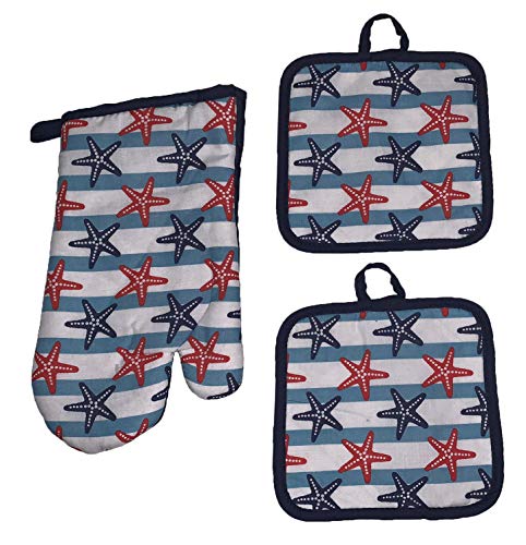 Set of 3, Nautical Coastal Starfish Design Printed Decorative Non-Slip, Heat Resistant Kitchen Towel Set Includes 2 Potholder, 1 Oven Mitt.