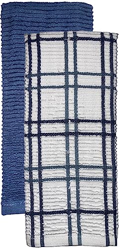 Premium Cotton Set of 6, 3 Windowpane Terry Kitchen Towels Dish Towels and 3 Solid Kitchen Towels 425 GSM, Soft and Highly Absorbent, Machine Washable Size: 16 x 26 Inch.