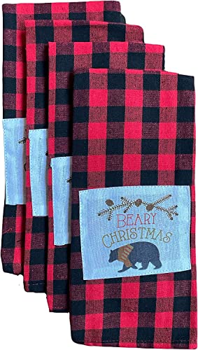 Set of 6, 100% Cotton, Holiday Season Farmhouse Kitchen Towel Sets Sentiment Beary Christmas Includes 4 Kitchen Towels, Pot Holder & Oven mitt.