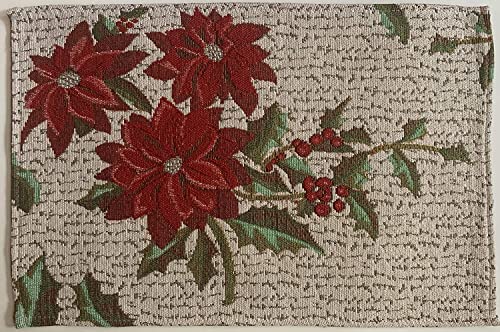 Set of 10, Red Poinsettia Flower Design Christmas Tapestry Kitchen Towel Set, Include 4 Placemats, 2 Kitchen Towels, 2 Pot Holder & 2 Oven mitt.