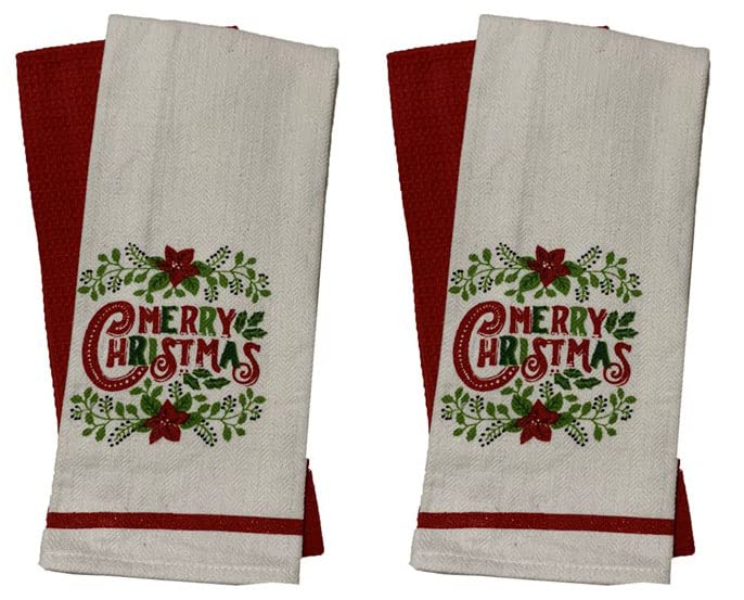 Set of 4, 100% Cotton Red and Green Poinsettia Flower with Merry Christmas on White Herringbone Pattern and Red Waffle Weave Kitchen Towel / Tea Towels Soft and Absorbent Size: 16 inch x 28 Inch.