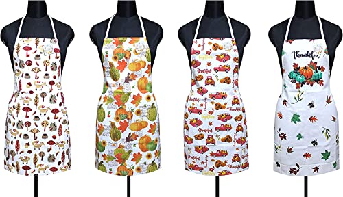 4 Pack, 100% Cotton Lightweight Colorful Fall Print/Whimsical Print Apron Size:19” x 30”, Ideal for Dress Size 4-6.