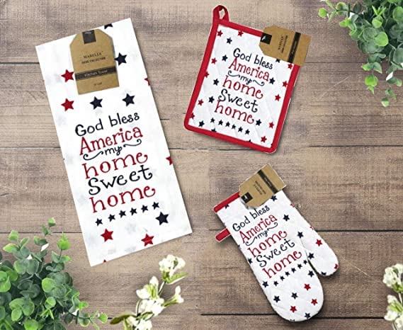 Red and Blue Stars with God Bless America My Home Sweet Home Design Printed Decorative 4th of July, Memorial Day, Labor Day, Kitchen Towel Set of 4, Includes 2 Kitchen Towel, Potholder, Oven Mitt.