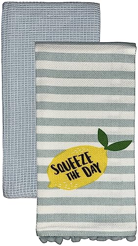 Set of 2, 100% Cotton White Herringbone Pom Poms Funny Kitchen Towels with Lemon Saying, Squeeze The Day and Sky-Blue Dyed Waffle Weave Kitchen Towels/Dish Towels Size: 16 X 28 Inch.