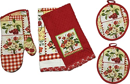 Floral Design 100% Cotton Printed Kitchen Linen Set of 5, Includes 2 Kitchen Towels, 2 Potholder, 1 Oven mitt Kitchen Décor for Cooking, Baking, Barbecue