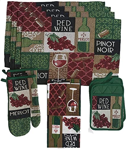 Set of 8, Red Wine Design Tapestry Kitchen Towel Set, Include 4 Placemats, 2 Kitchen Towels, Potholder & Oven mitt.