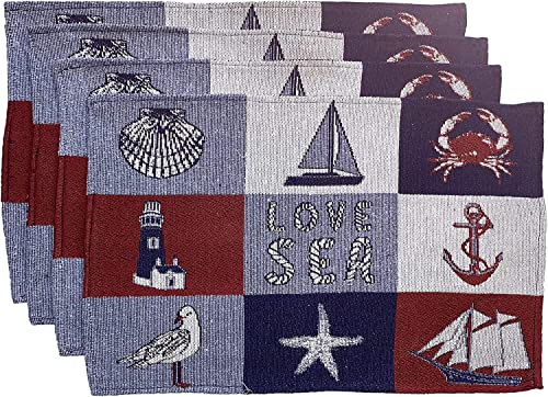 Set of 4, Anchor, Sail Boat, Seasheel, Star Fish Coastal Nautical Beach Theme Tapestry Placemats, Saying Love Sea, for Kitchen Dining Table Mats, Easy to Clean, Machine Washable. Size: 13" x 19".