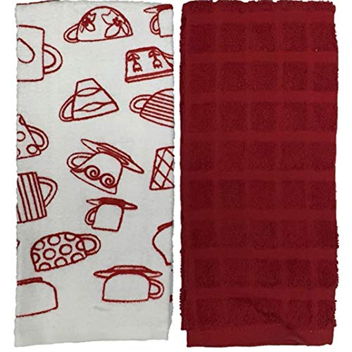 4 Pack, 100% Cotton Kitchen Towels - 2 Pcs, Cup & Saucers Design Printed and 2 Plain Terry Kitchen Towels, Super Absorbent, Heavy Duty, Great for Kitchen or Household Size: 16” x 26”.