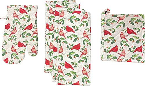 Set of 6, 100% Cotton, Cardinal Bird Design Christmas/Holiday Season Kitchen Towel Set, Includes 4 Kitchen Towels, Pot Holder & Oven mitt.