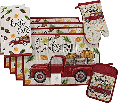 Set of 8, Red Antique Truck and Pumpkin Quote Hello Fall Design Tapestry Kitchen Towel Set, Include 4 Placemats, 2 Kitchen Towels, Potholder & Oven mitt.