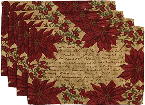 Set of 4, Red Poinsettia Flower with Berries Design Christmas Tapestry Placemats for Holiday Season, Home Decoration Kitchen Dining Table, Size: 13" x 19".