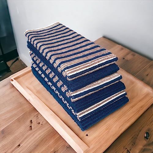 Set of 6, 100% Cotton Tan, Blue and Plain Blue Horizontal Stripes Terry Design Kitchen Towels Highly Absorbent and Machine Washable Size: 15 x 25 inch.