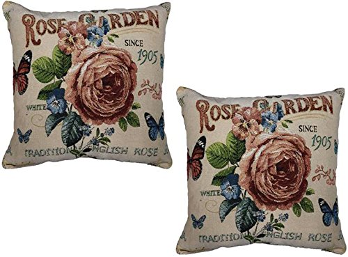 Set of 2, Rose Garden with Butterfly Design Tapestry Throw Pillow Cushion Covers WSize: 18" x 18" / 45 x 45 cm, Insert Not Included.