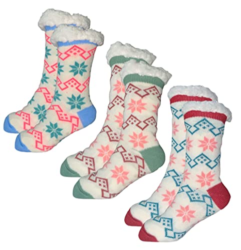 Petal Cliff Fluffy Thick, Heavy and Warm Thermal Sherpa Slumber Slipper Socks, 3 Pairs for Women, Ultra Soft Christmas Winter Non Slip Grip - One Size Fits All. (Snowflakes A)