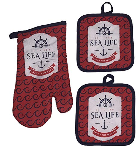 Set of 3, Nautical Coastal Sealife Anchor Wheel Design with It is The sea Life Enjoy The Waves Non-Slip, Heat Resistant Printed Kitchen Towel Set Includes 2 Potholder, 1 Oven Mitt.