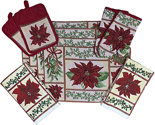 Set of 10, Red Poinsettia Flower Christmas Design Tapestry Kitchen Towel Set, Include 4 Placemats, 2 Kitchen Towels, 2 Pot Holder & 2 Oven mitt.