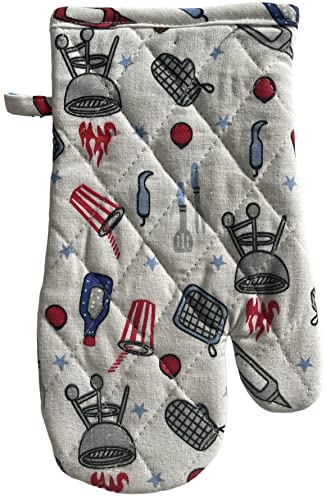 Set of 4, 100% Cotton Americana Theme Design Quilted Hanging Loop Kitchen Sets with Sentiments Barbeque Grill & Utensils Include 2 Kitchen Towels, Potholder & Oven mitt.