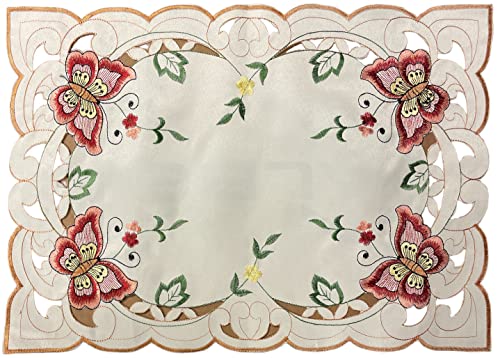 Set of 4, Red Butterfly on Beige Base Embroidered and Cut Work Placemat for Kitchen Dining Table Size: 14 inch x 20 inch.