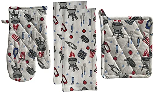 Set of 4, 100% Cotton Americana Theme Design Quilted Hanging Loop Kitchen Sets with Sentiments Barbeque Grill & Utensils Include 2 Kitchen Towels, Potholder & Oven mitt.