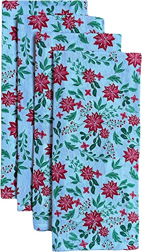 Set of 6, 100% Cotton, Red Poinsettia Flower Design Christmas/Holiday Season Kitchen Towel Set, Includes 4 Kitchen Towels, Pot Holder & Oven mitt.