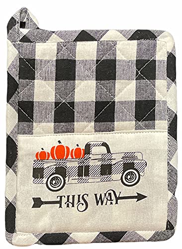 Antique Truck with Pumpkin, Thanksgiving Autumn Fall with Farmhouse Buffalo Plaid Set of 6 Kitchen Towel Set 4 Kitchen Towels, Potholder, Oven Mitt.