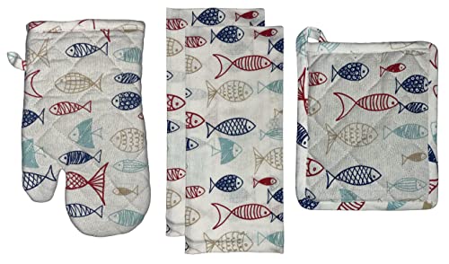 Set of 4, 100% Cotton, Coastal Nautical Fish Design, Kitchen Towel Set, Include