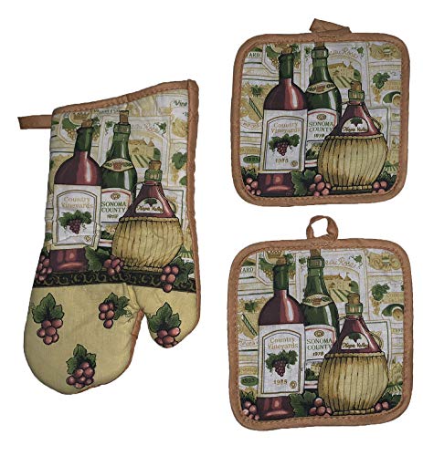 Set of 3, Wine Collection Napa Valley Design Printed Decorative Non-Slip, Heat Resistant Kitchen Towel Set Includes 2 Potholder, 1 Oven Mitt.