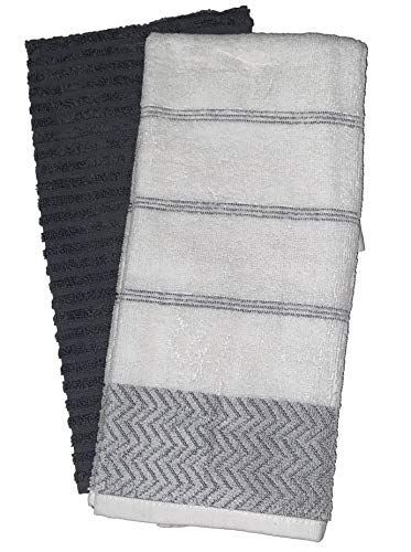 Zigzag Design with Stripes 100% Ring-Spun Terry Cotton Kitchen Dish Towels, Set of 4 - Size: 16 x 27 inch, 410 GSM, 2 White/Grey 2 Solid Grey with Hanging Loop Super Soft, Highly Absorbent.