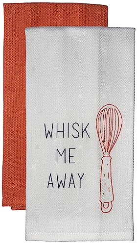 Set of 2, 100% Cotton White Herringbone Funny Kitchen Towels Whisk ME Away and Plain Orange Kitchen Towels Size: 16 X 28 Inch.