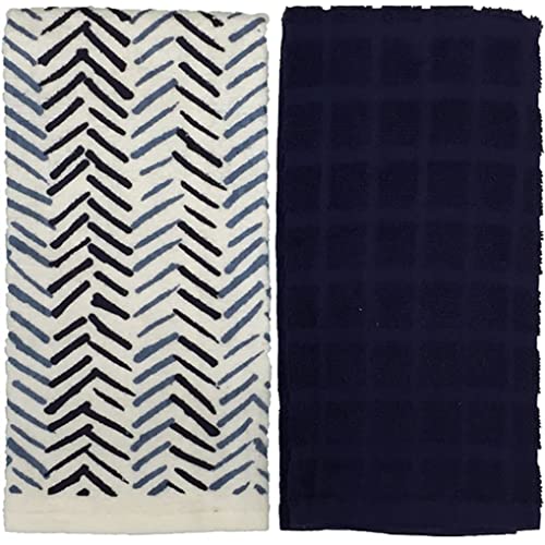 4 Pack, 100% Cotton Kitchen Towels - 2 Pcs, Zigzag Design Printed and 2 Plain Terry Kitchen Towels, Super Absorbent, Heavy Duty, Great for Kitchen or Household Size: 16” x 26”.