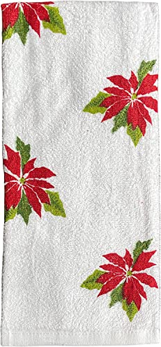 Set of 4, 100% Cotton 2 Pcs Poinsettia Flower Design Christmas Kitchen Towels and 2 Pcs Solid Red Terry Towels, Soft and Absorbent Size: 16” x 26".