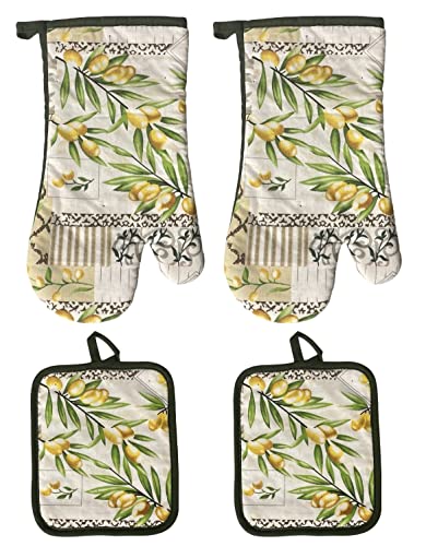 Olive Design 100% Cotton Printed Kitchen Linen Set of 4, Includes 2 Potholder, 2 Oven mitt Kitchen Décor for Cooking, Baking, Barbecue