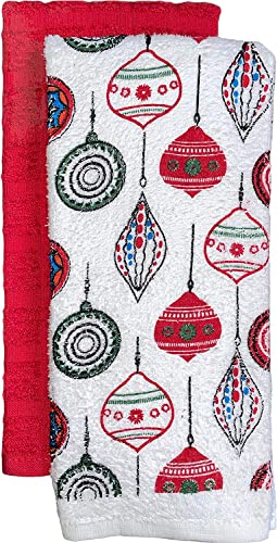 Set of 4, 100% Cotton 2 Pcs Jingle Bells Design Christmas Kitchen Towels and 2 Pcs Solid Red Terry Towels, Soft and Absorbent Size: 16” x 26".