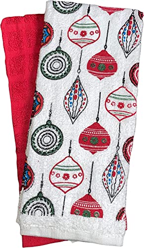 Set of 4, 100% Cotton 2 Pcs Jingle Bells Design Christmas Kitchen Towels and 2 Pcs Solid Red Terry Towels, Soft and Absorbent Size: 16” x 26".