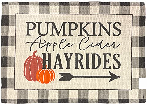 Set of 4, Farmhouse Buffalo Plaid Pumpkins Apple Cider Hayrides Decorative Autumn Fall Harvest Tapestry Placemats Kitchen Dining Table Easy to Clean, Machine Washable Size: 13” x 19”.