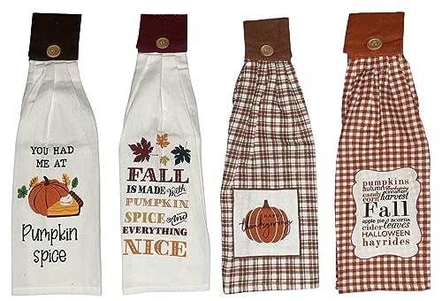 Set of 4, 100% Cotton Halloween/Fall Tie Kitchen Towels Happy Thanksgiving, Pumpking Spice, Pumpkins Fall, Fall is Made with Pumpkin Spice Size: 16 x 18 x 3.5 Inch.