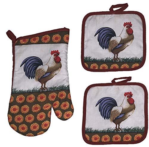 Set of 5, Blue Rooster Printed Decorative Kitchen Towel Set Includes 2 Kitchen Towel, 2 Pot Holder, 1 Oven Mitt.