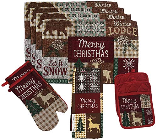 Christmas Tapestry 10 Pcs Kitchen Set Patch Frame Design Panda Bear, Let it Snow, Deer, Snowflakes Saying Merry Christmas for Holiday Season, 4 Placemats, 2 Kitchen Towels, 2 Oven Mitts, 2 Pot Holders