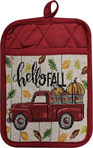 Set of 8, Red Antique Truck and Pumpkin Quote Hello Fall Design Tapestry Kitchen Towel Set, Include 4 Placemats, 2 Kitchen Towels, Potholder & Oven mitt.