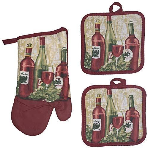 Set of 3, Red Wine Collection Printed Decorative Non-Slip, Heat Resistant Kitchen Towel Set Includes 2 Potholder, 1 Oven Mitt.