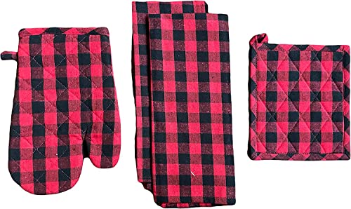 Set of 4, Christmas Red and Black Farmhouse Plaid Check Woven Kitchen Towel Set, Includes 2 Kitchen Towels, 1 Pot Holder, 1 Oven Mitt.