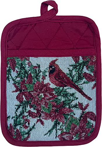 Set of 10, Red Cardinal Bird Holiday Season Christmas Design Tapestry Kitchen Towel Set, Include 4 Placemats, 4 Kitchen Towels, Pot Holder & Oven mitt.