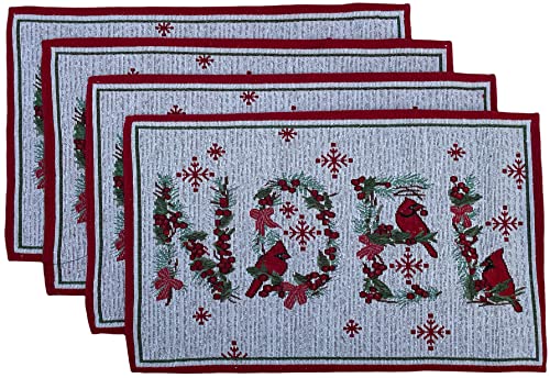 Set of 4 Christmas Wreath Design with Noel Saying Tapestry Placemat for Holiday