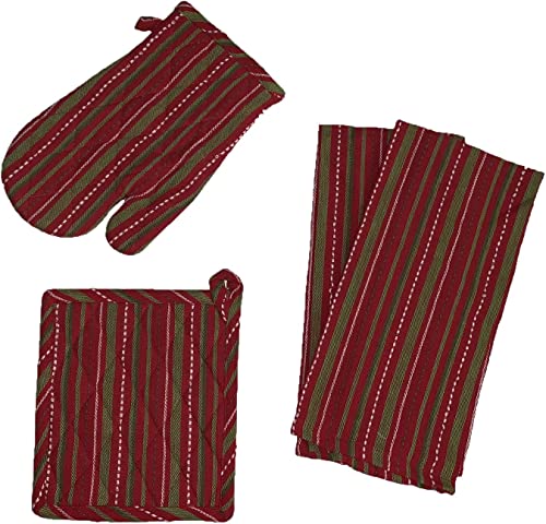 Set of 4, Red and Green Holiday Strips Design Christmas 100% Cotton Kitchen Towel Set, Includes 2 Kitchen Towels, Pot Holder & Oven mitt.