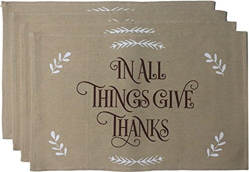 Set of 4, in All Things GIVE Thanks Fall Print Tapestry Placemats for Kitchen Dining Table Easy to Clean, Machine Washable Size: 13” x 19”.